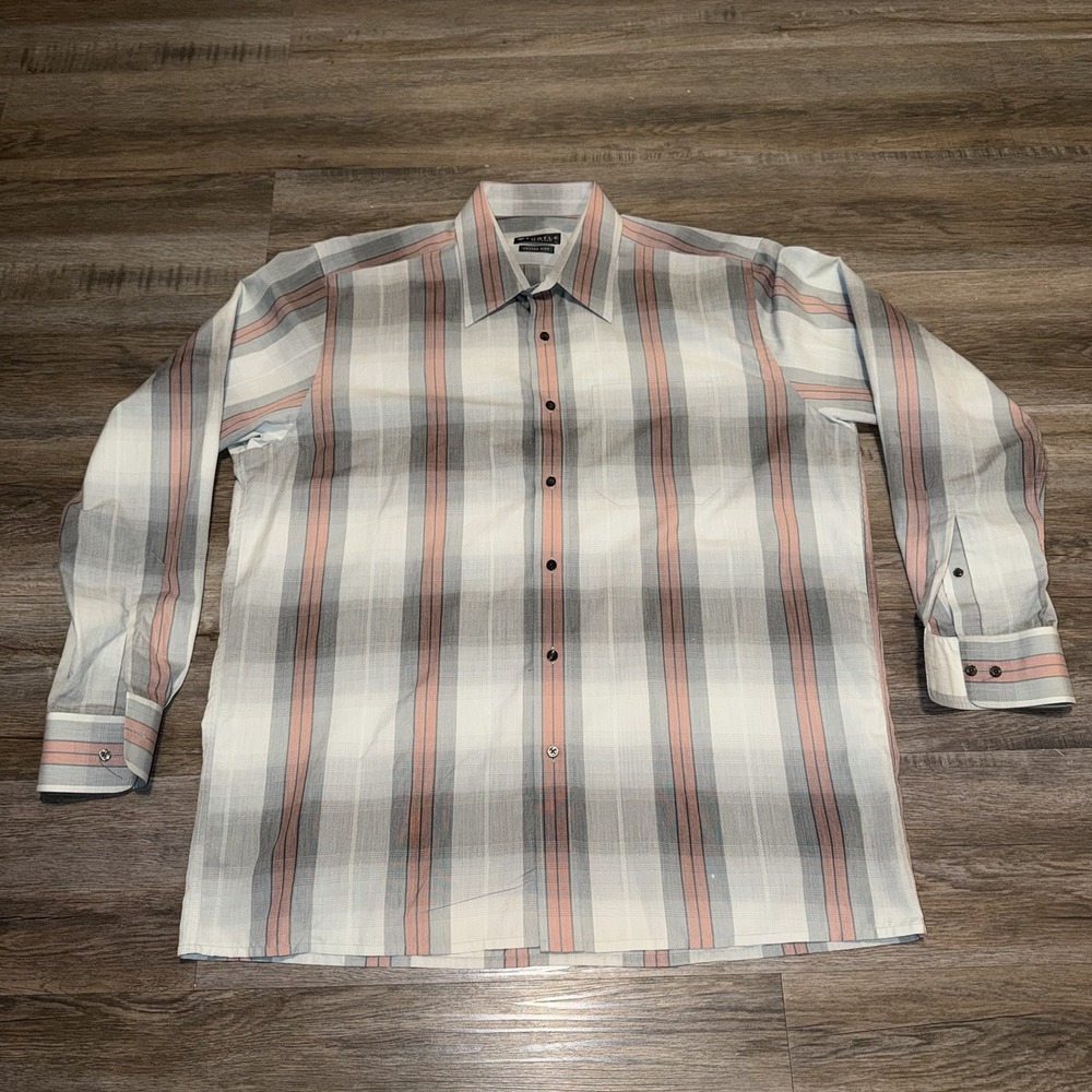 Turtle Tailored Shirt Mens XL/ 44 Fit Formal Cotton-Rich Blend Woven Plaid Gray